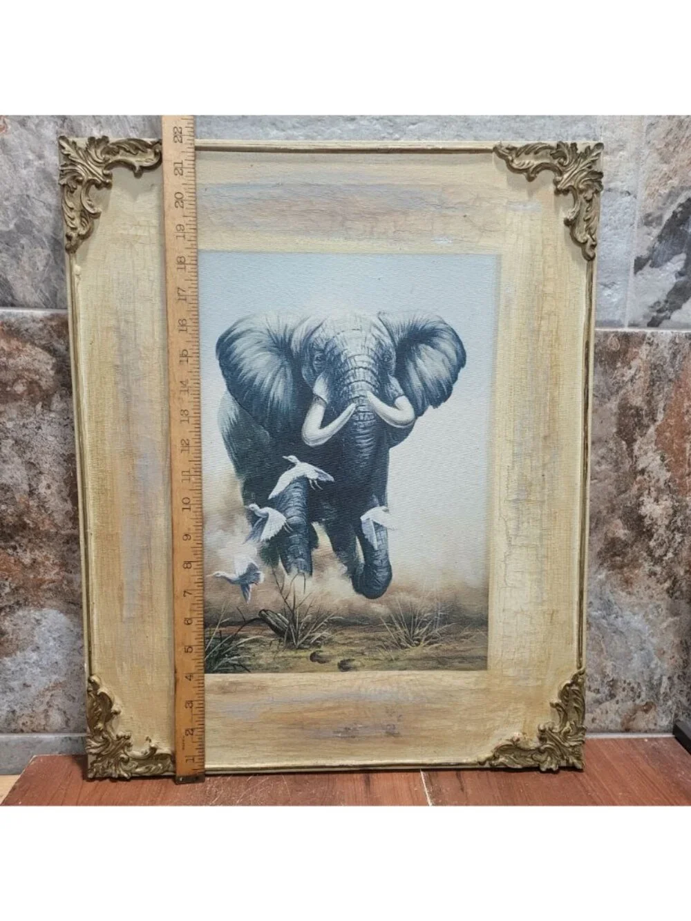 Elephant Egret Stretched Canvas Wall Art Print Wooden Frame